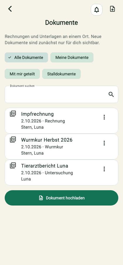 Stall Manager Dokumentenübersicht mit Impfrechnung und Pferdezuordnung