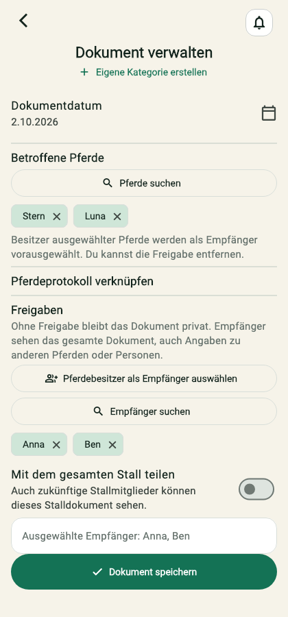 Stall Manager Dokumentenfreigabe an die Besitzer von Stern und Luna